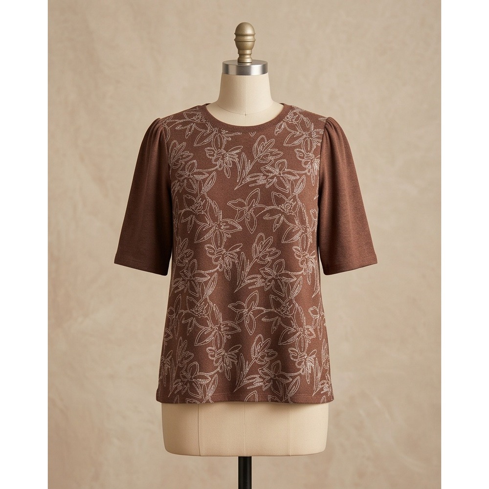 DG2 Diane Gilman 2X Women's Brown Embroidered Floral Knit Top 2X NWT